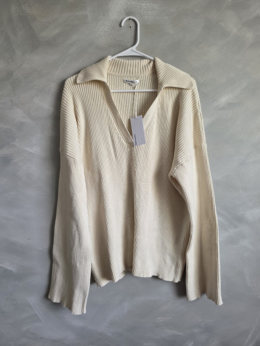 Reformation Harper Oversized Cotton Polo Cream Sweater Sz L NWT Wide Sleeve V